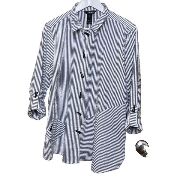 ALI MILES Striped Button Down Tunic Shirt Toggle Sleeves Womens L White Gray - Picture 1 of 9